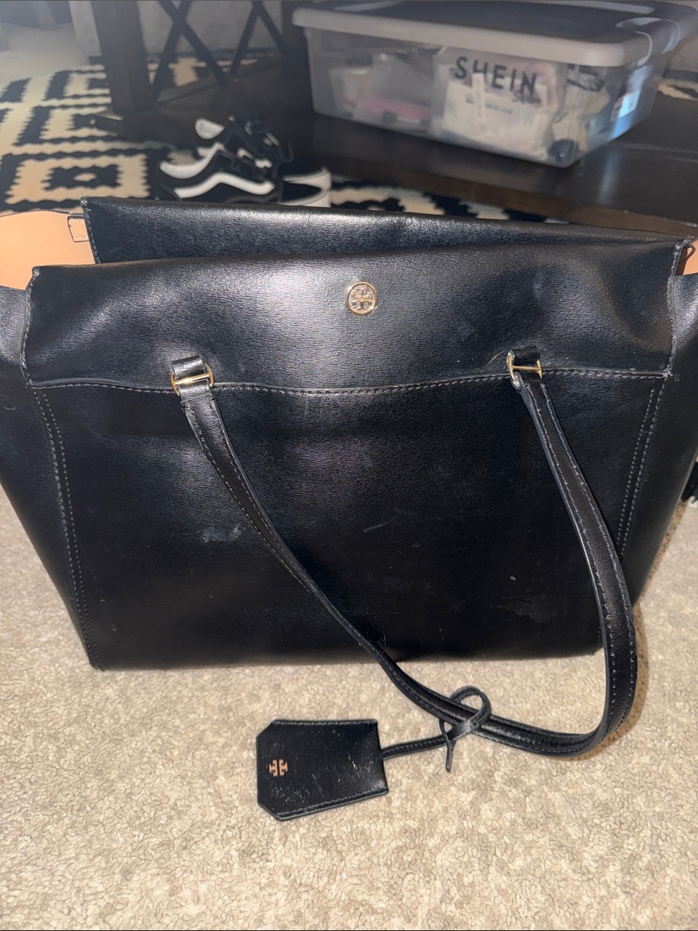 Tory Burch Black Leather Tote with Logo Medallion